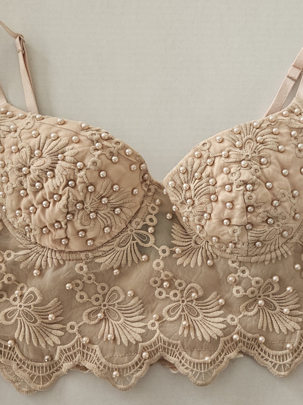 Windsor Pearl-Embellished Beige Lace Crop Bralette